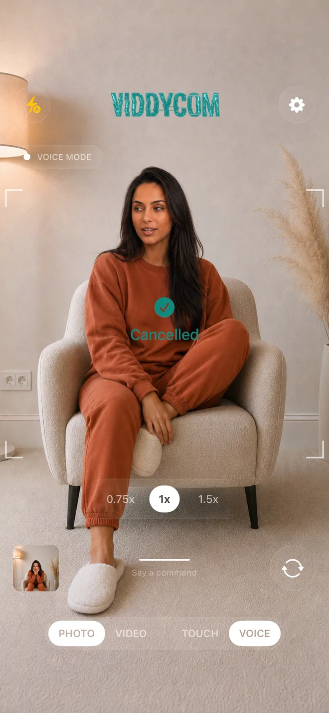 Viddycom cancelling an unwanted photo, showing a Cancelled confirmation on the camera screen