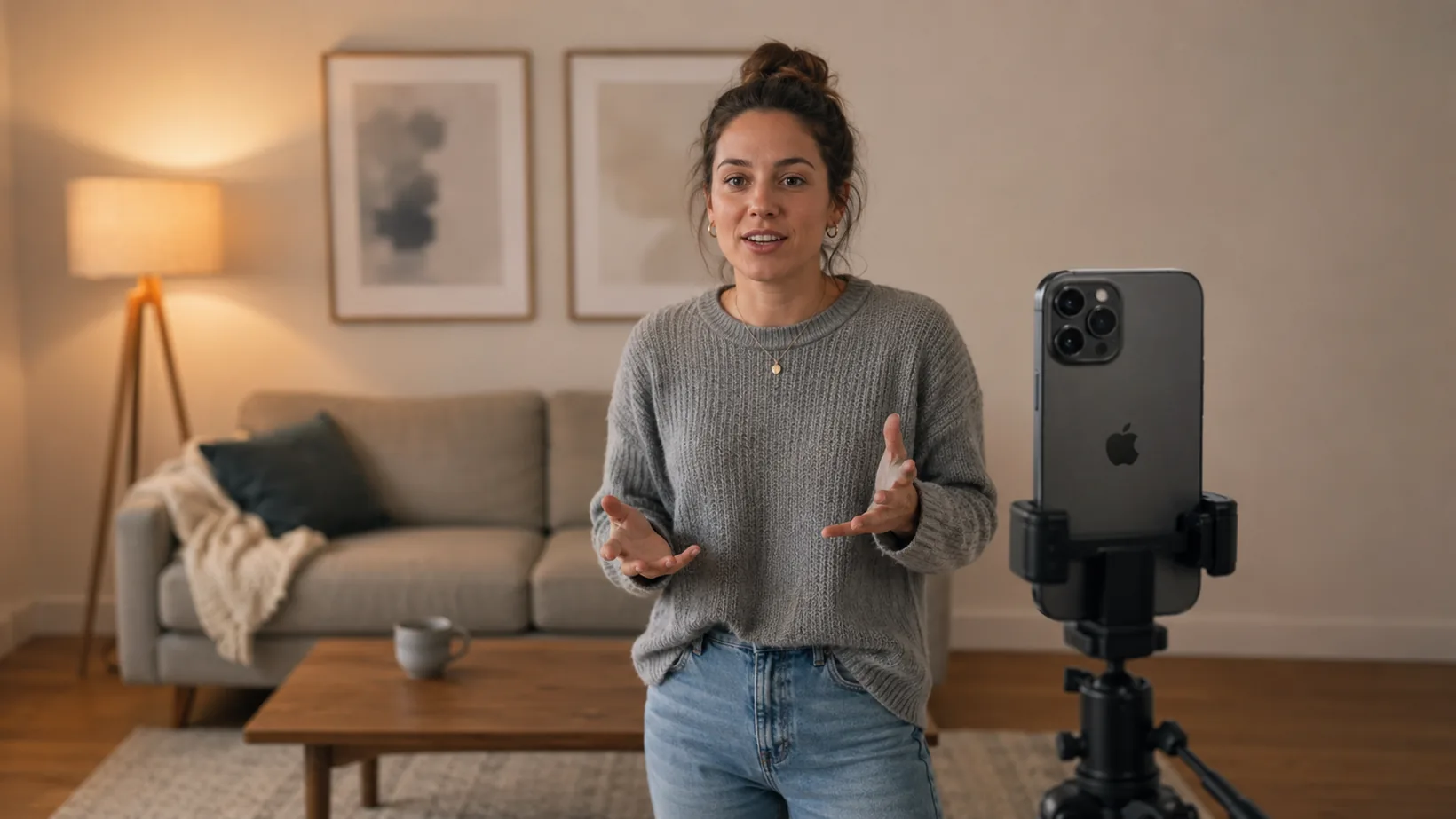 A solo creator films herself at home, talking to an iPhone mounted on a tripod — no one behind the camera
