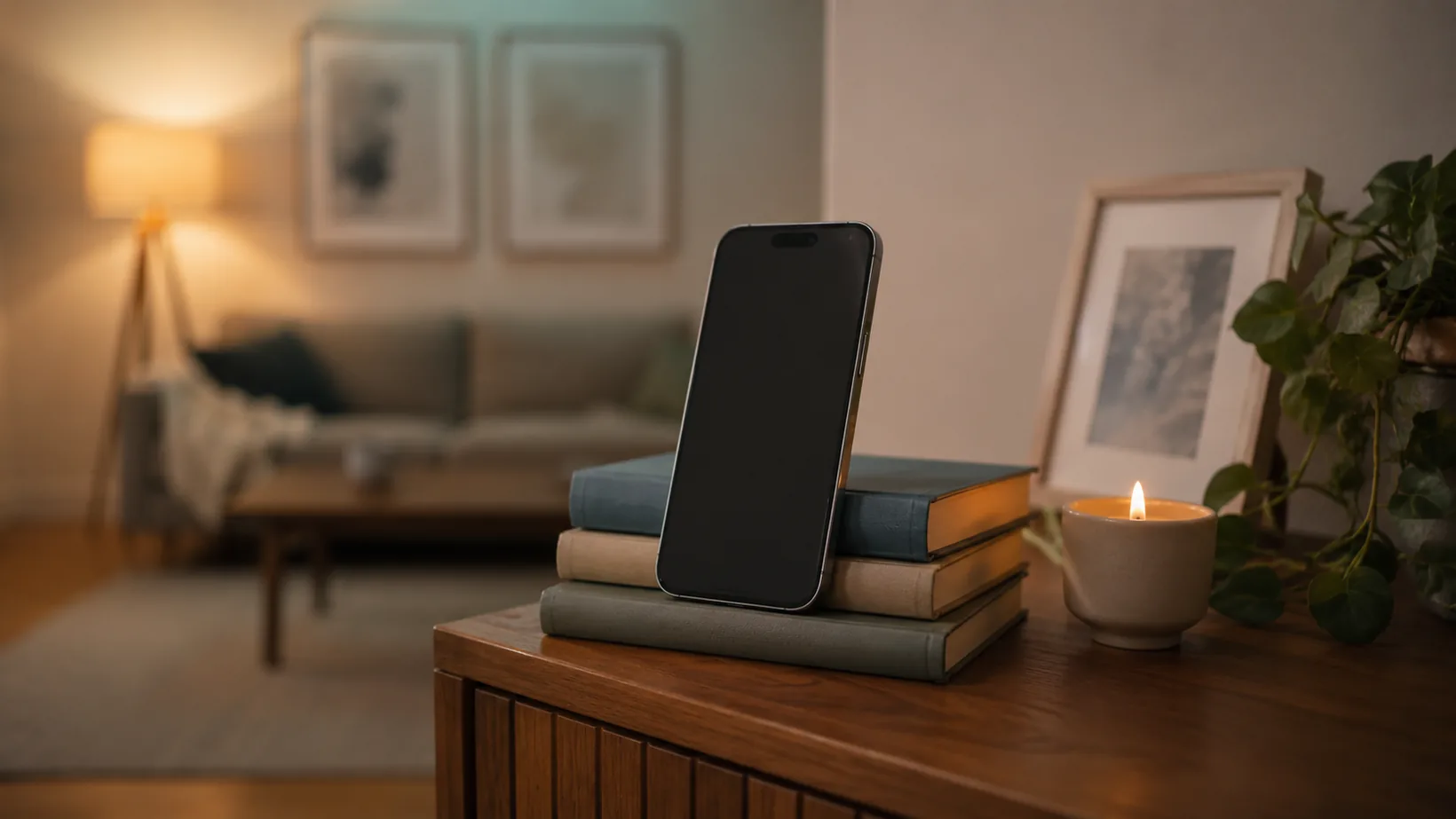 An iPhone propped upright against a stack of books on a sideboard, working as an improvised camera mount