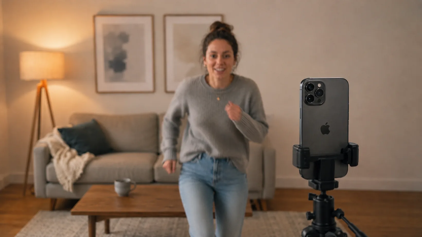 A creator dashes back toward her iPhone on a tripod, racing the camera self-timer countdown