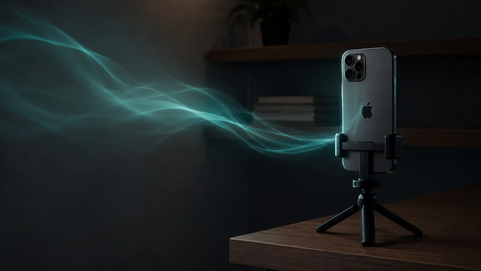 Teal sound waves flow toward an iPhone on a small tripod in a dark room, suggesting a voice command mid-air