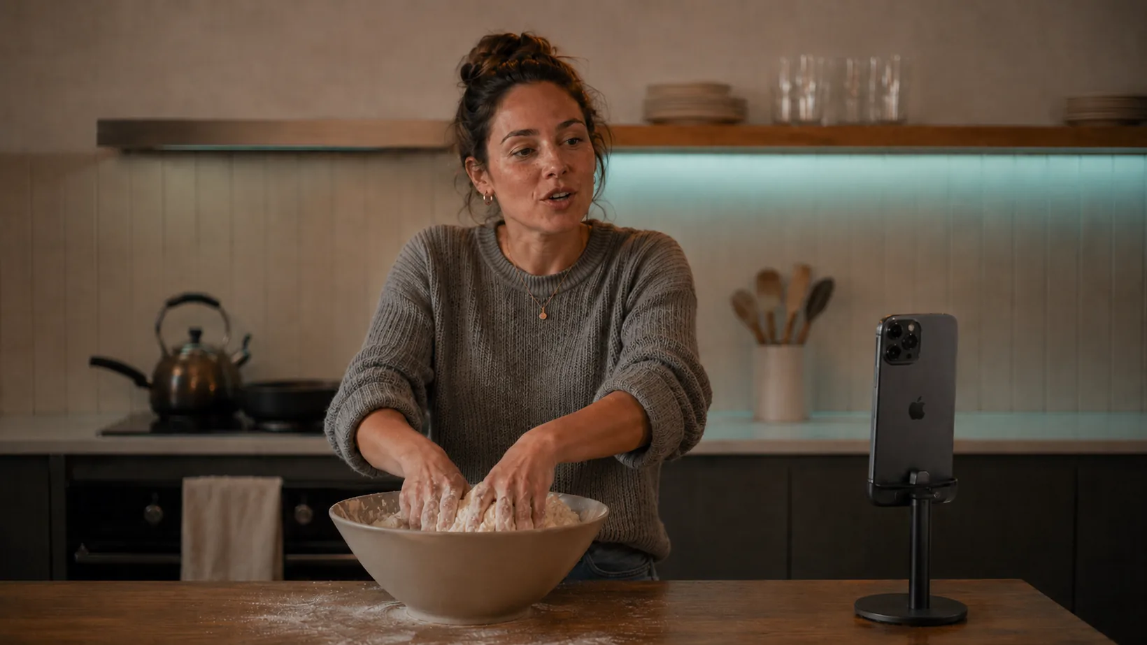 A home cook with both hands in a bowl of dough speaks to an iPhone standing on the kitchen counter