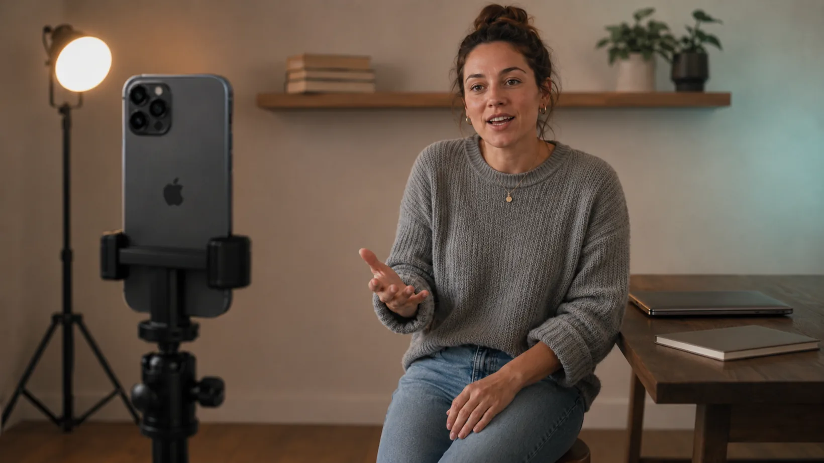 An iPhone propped on a small home tripod records a creator across the room, hands free, with a soft teal glow around the screen